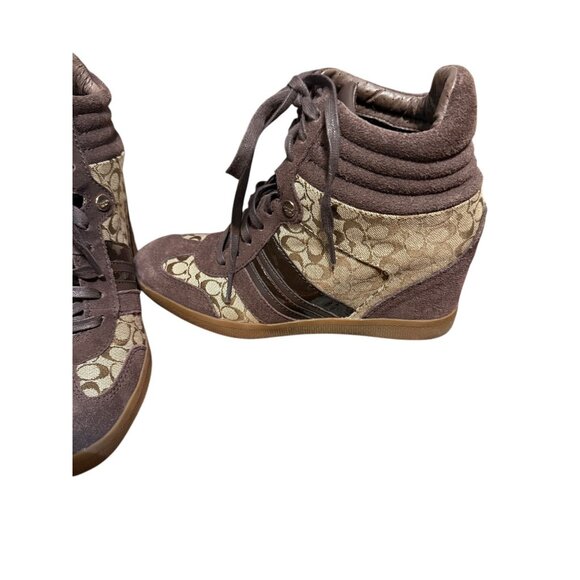 Coach Alara Brown Signature Suede Wedge Sneakers Size 8M Women’s High Top Shoes - Picture 3 of 16